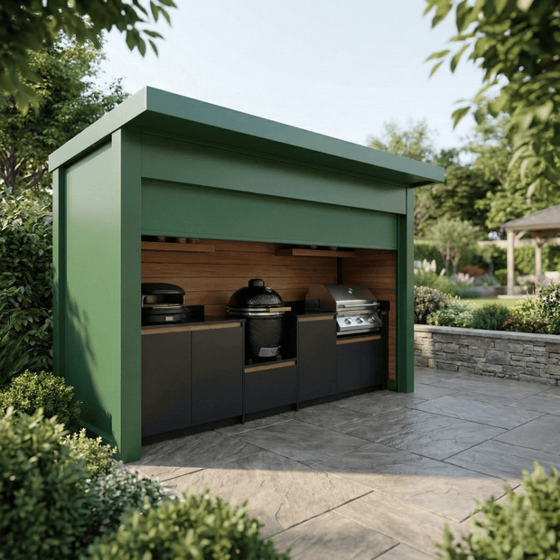 Tailor-Made Stainless Steel Outdoor Kitchen & BBQ Shed – Closable Roller Shutter, BBQ & Kamado Combo for Poolside