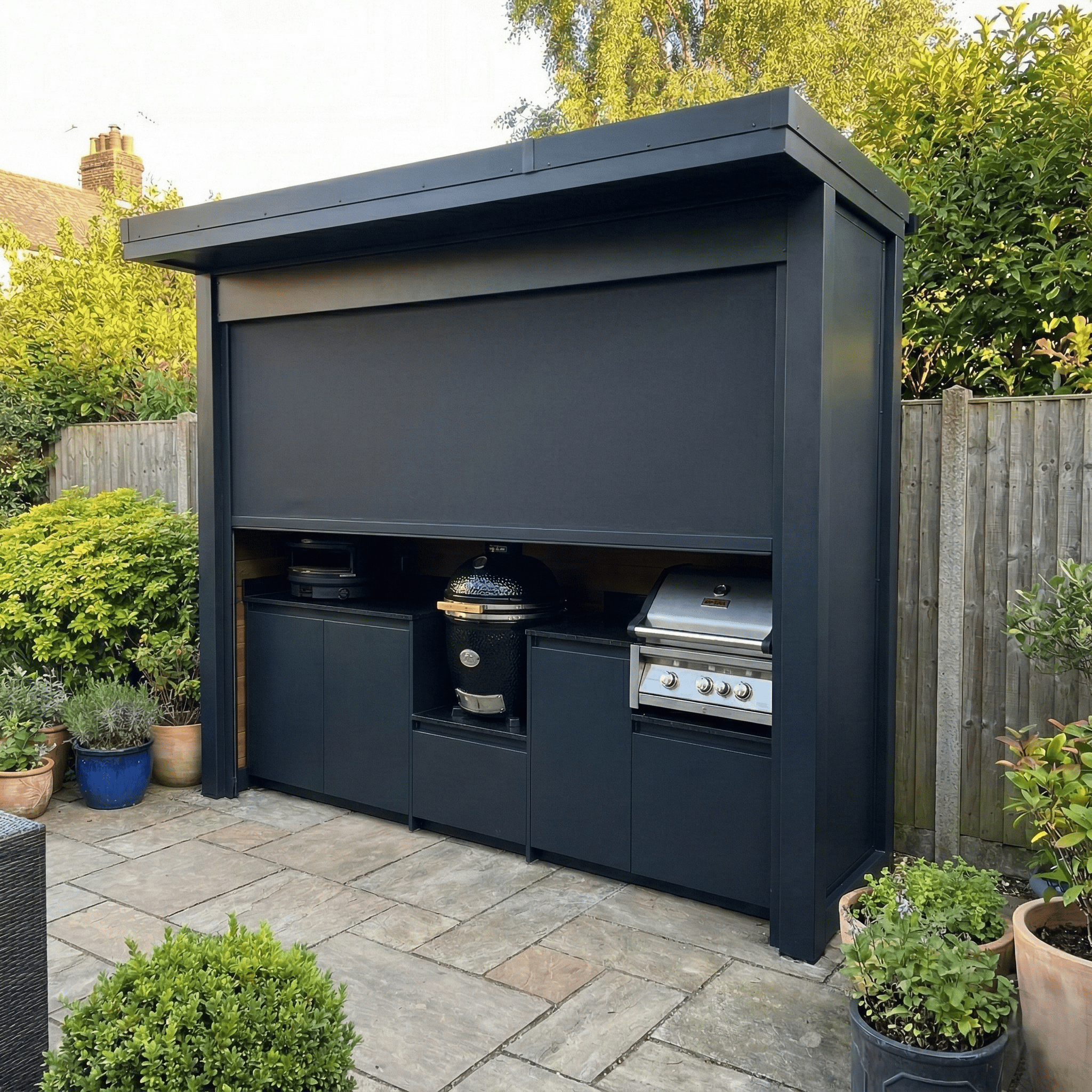 Tailor-Made Stainless Steel Outdoor BBQ Kitchen Pod with Shed – Roller Shutter Door, BBQ Grill & Sink for Backyard