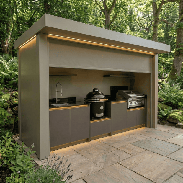 Custom Stainless Steel Outdoor Kitchen Pod with Shed – Roller Shutter Door, Kamado Grill Station for Villa Courtyard