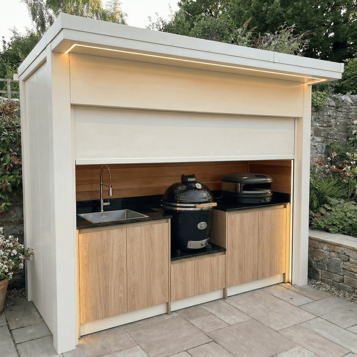 Made-to-Order Stainless Steel Outdoor Kitchen & BBQ Pod with Shed – Roller Shutter Door, Complete BBQ Station for Backyard