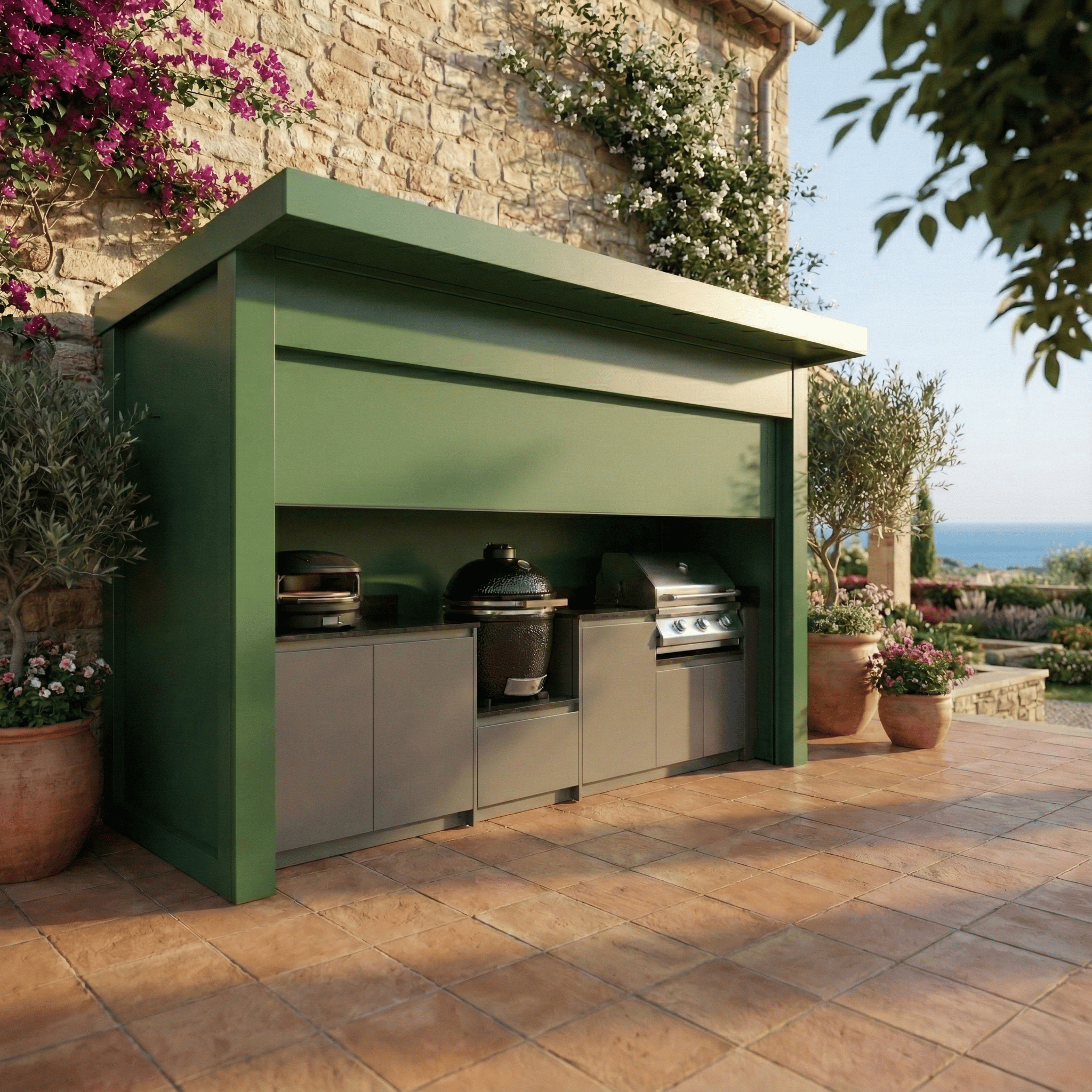 Made-to-Order Stainless Steel Outdoor Kitchen & BBQ Pod with Shed – Roller Shutter Door, Kamado With Sink for Poolside