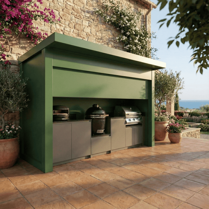 Made-to-Order Stainless Steel Outdoor Kitchen & BBQ Pod with Shed – Roller Shutter Door, Kamado With Sink for Poolside
