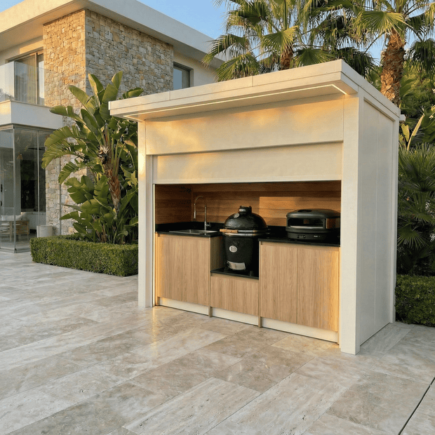 Custom Stainless Steel Outdoor BBQ Pod – Roller Shutter Door, Fridge & Sink Station for Patio