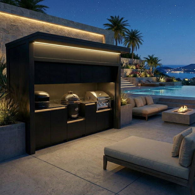 Bespoke Stainless Steel Outdoor Kitchen Shed – Electric Roller Shutter Door, Fridge & Sink for Poolside