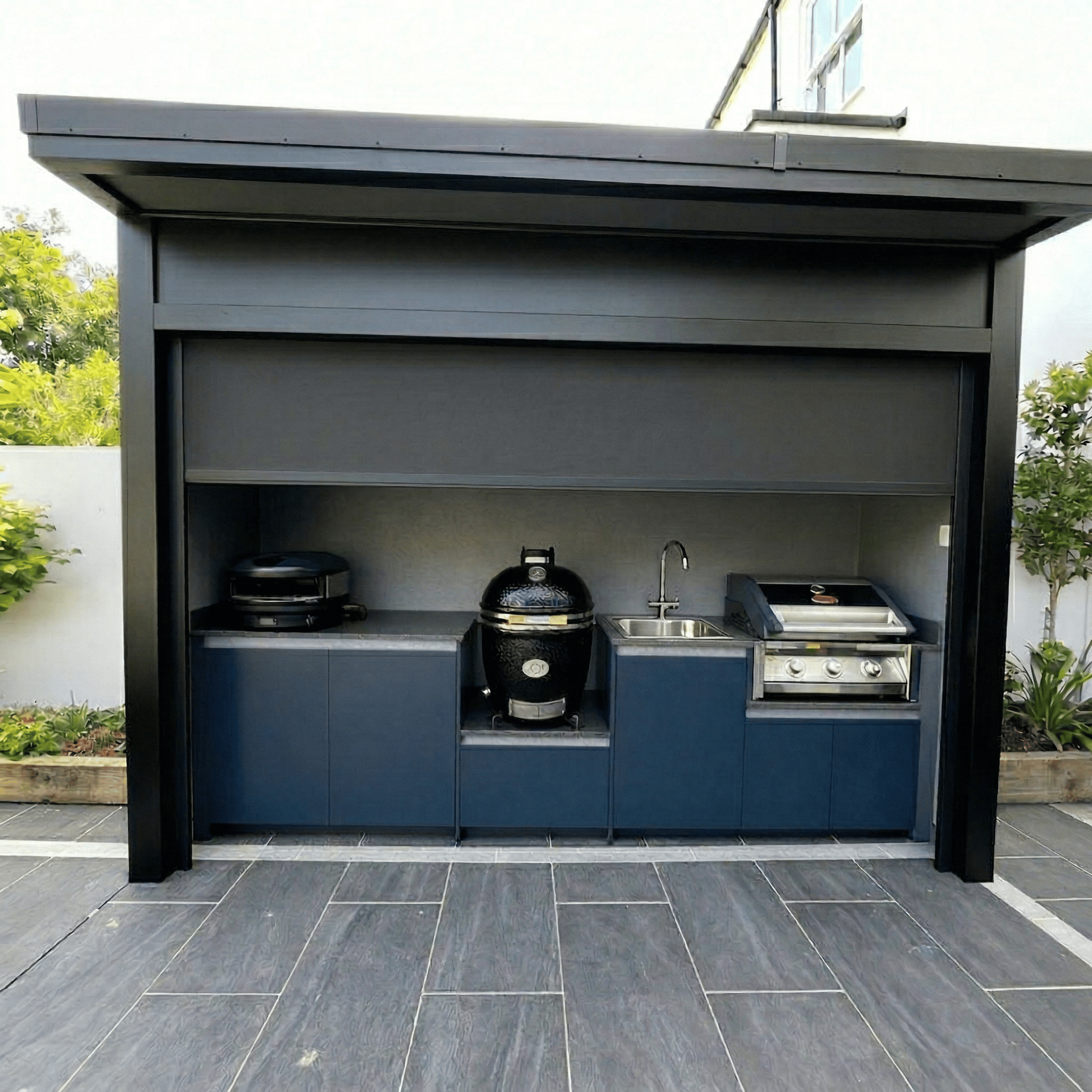 Bespoke Stainless Steel Outdoor Kitchen Shed – Electric Roller Shutter Door, Kamado Grill Station for Poolside