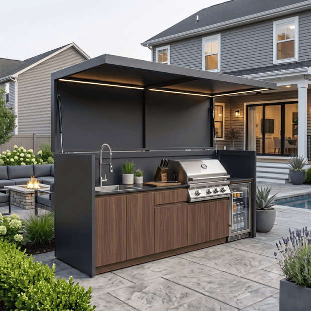 Bespoke Weatherproof Stainless Steel Outdoor Kitchen Shed – Canopy Roof Design, Gas BBQ & Fridge for Patio