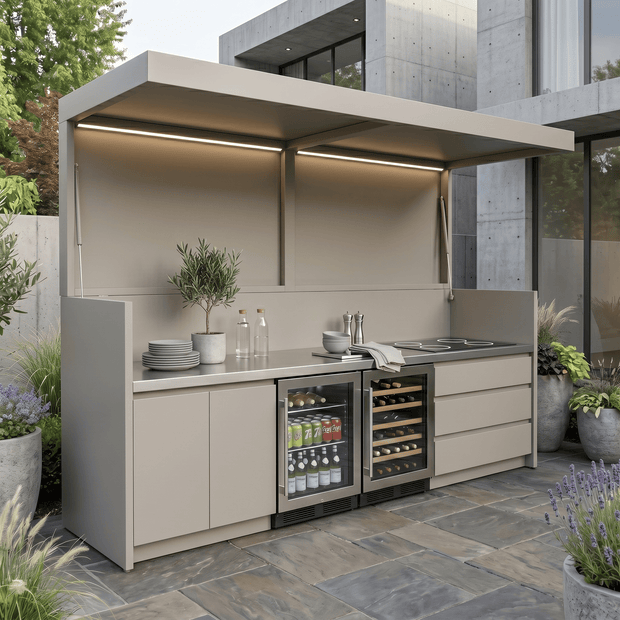 Bespoke Stainless Steel Outdoor BBQ Kitchen Shed – Fold-Away Door, Fridge & Sink Station for Patio