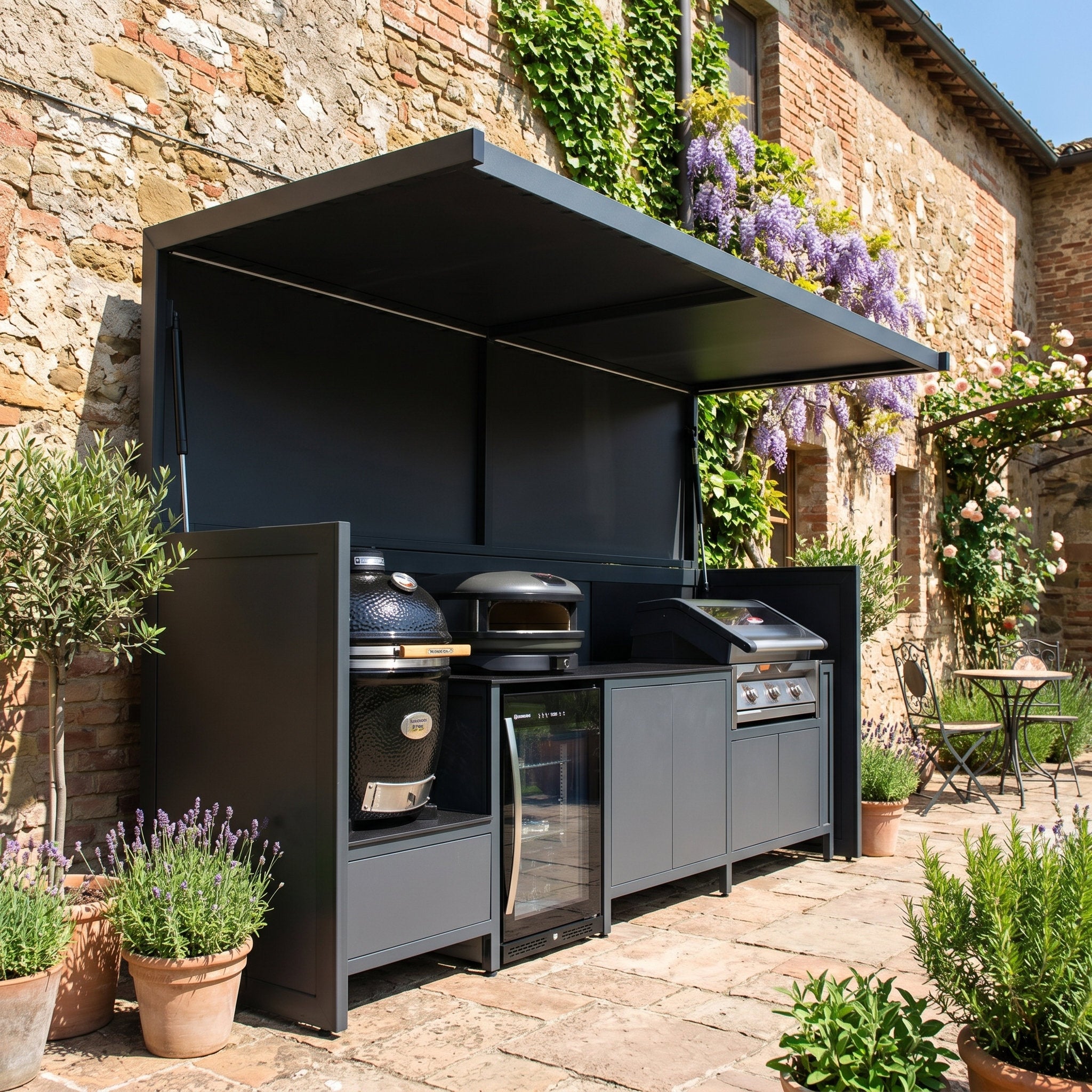 Made-to-Order Stainless Steel Outdoor Kitchen Shed with BBQ Pod – Power Door, Kamado Grill Station for Villa Courtyard