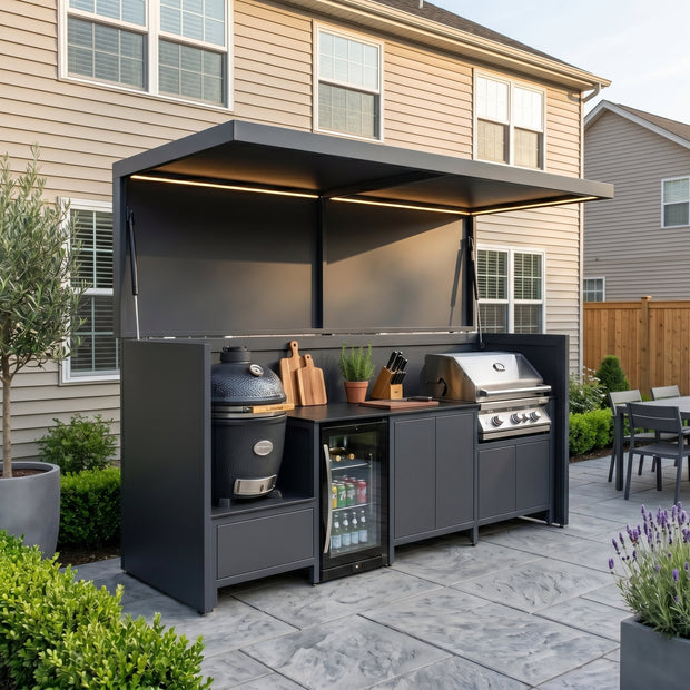 Bespoke Weatherproof Stainless Steel Outdoor Kitchen Shed – Canopy Roof Design, Complete BBQ Station for Patio