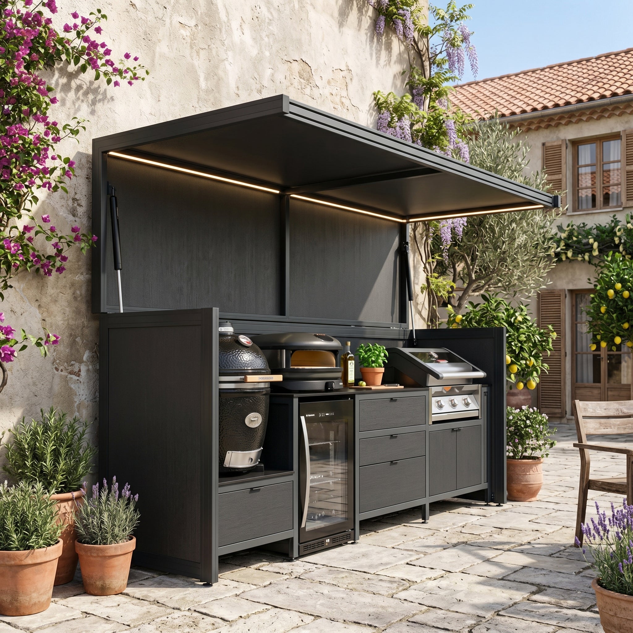Custom Weatherproof Stainless Steel Outdoor Kitchen Pod with Shed – Canopy Roof Design, Kamado & Sink for Patio