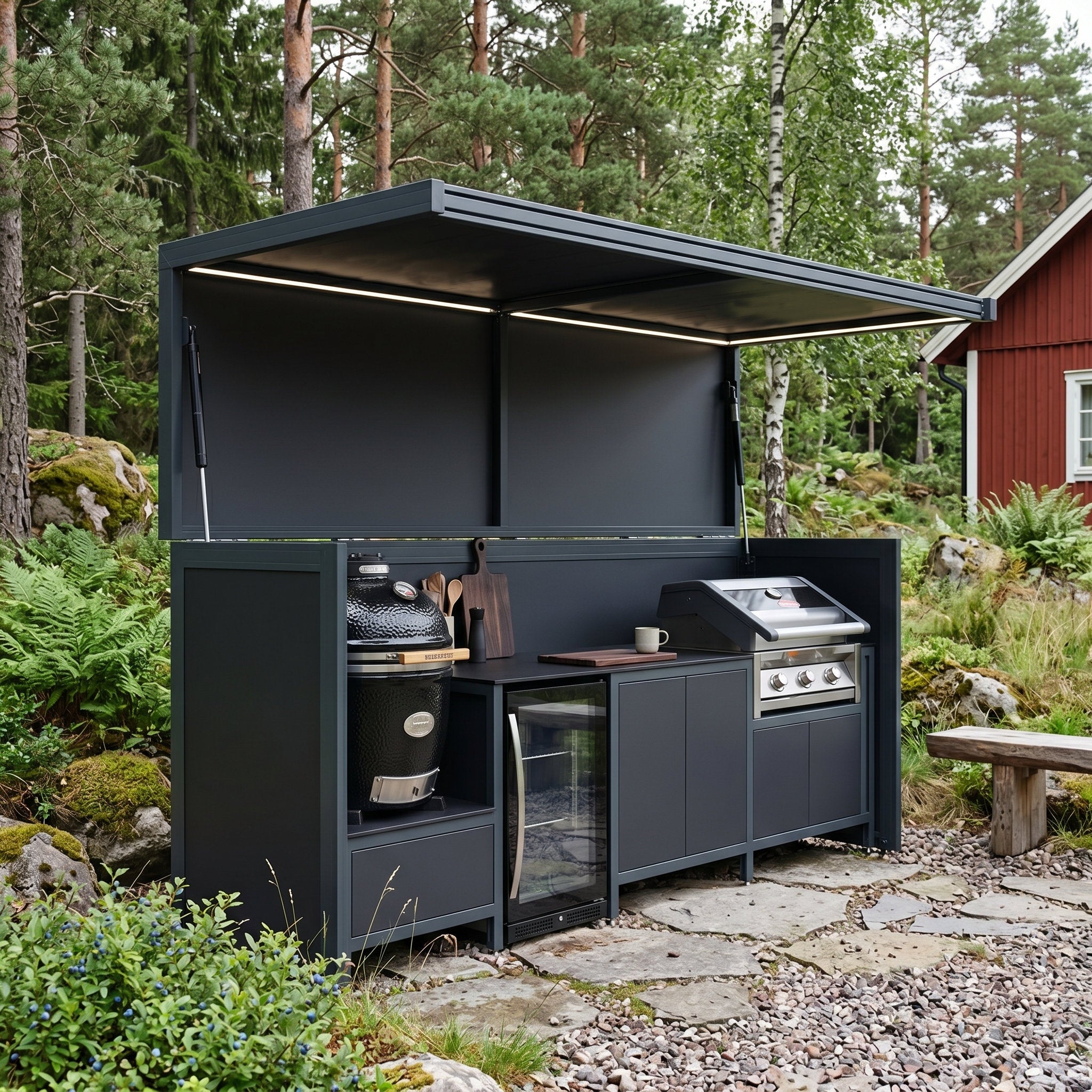 Custom Stainless Steel Outdoor Kitchen Pod with Shed – Canopy Roof, Gas BBQ & Fridge for Villa Courtyard
