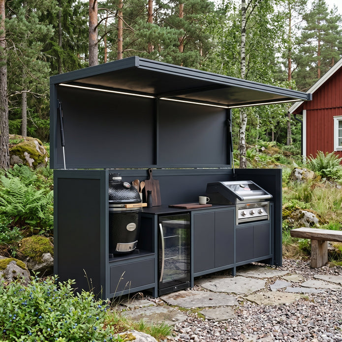 Custom Stainless Steel Outdoor Kitchen Pod with Shed – Canopy Roof, Gas BBQ & Fridge for Villa Courtyard