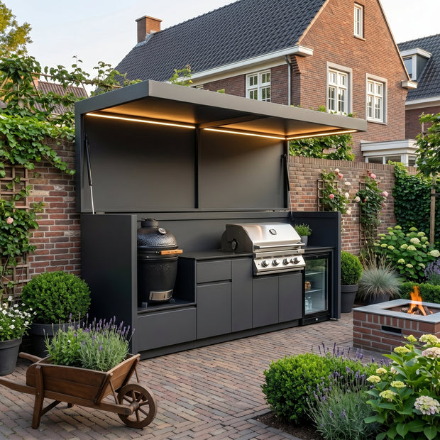Tailor-Made All-Season Stainless Steel Outdoor BBQ Pod with Kitchen Shed – Power Door, Fridge & Sink for Patio