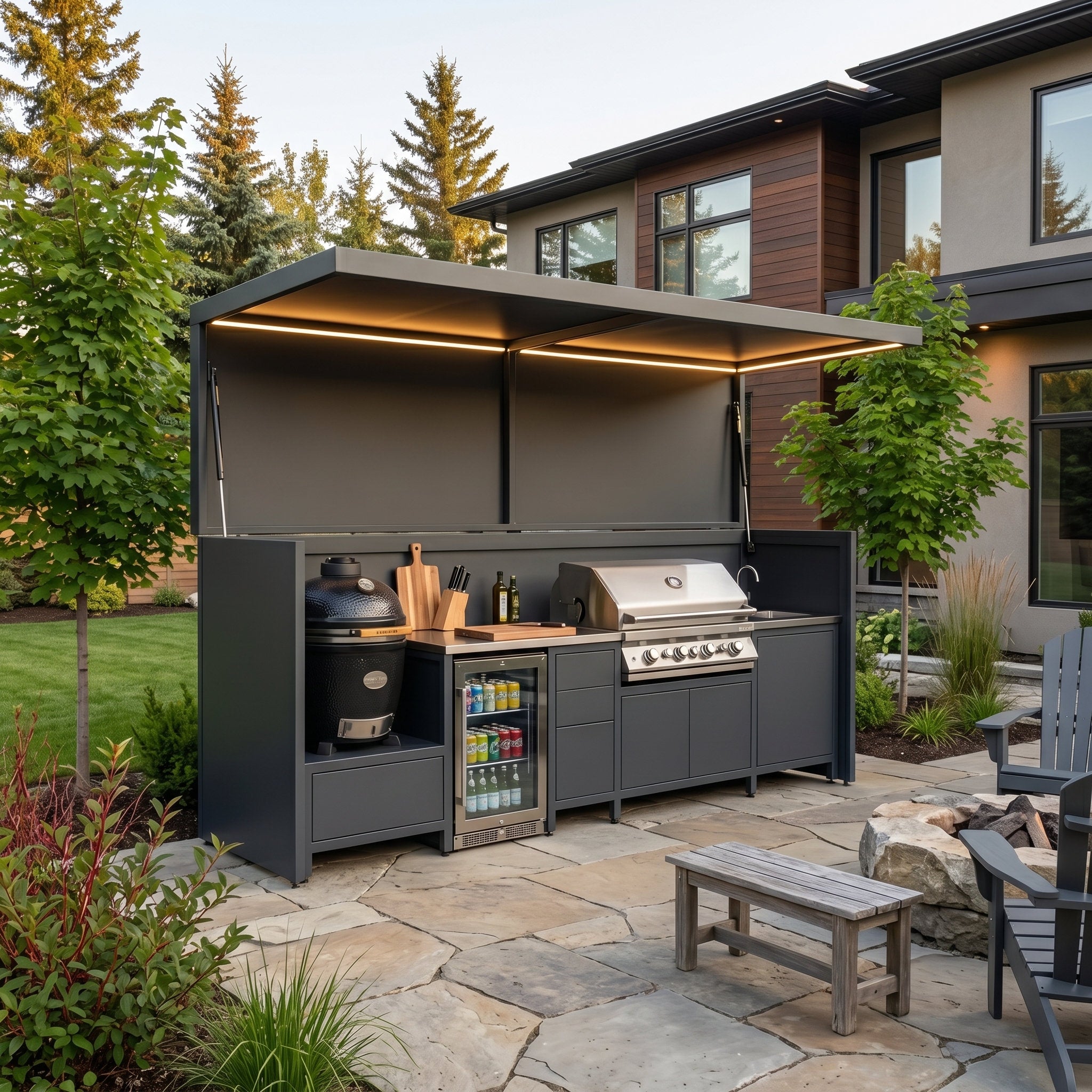 Made-to-Order Stainless Steel Outdoor Kitchen & BBQ Pod with Shed – Open Design With Canopy, Gas BBQ & Fridge for Poolside