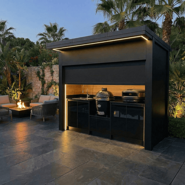 Bespoke Stainless Steel Outdoor Kitchen Pod with Shed – Roller Shutter Door, Kamado Grill Station for Backyard