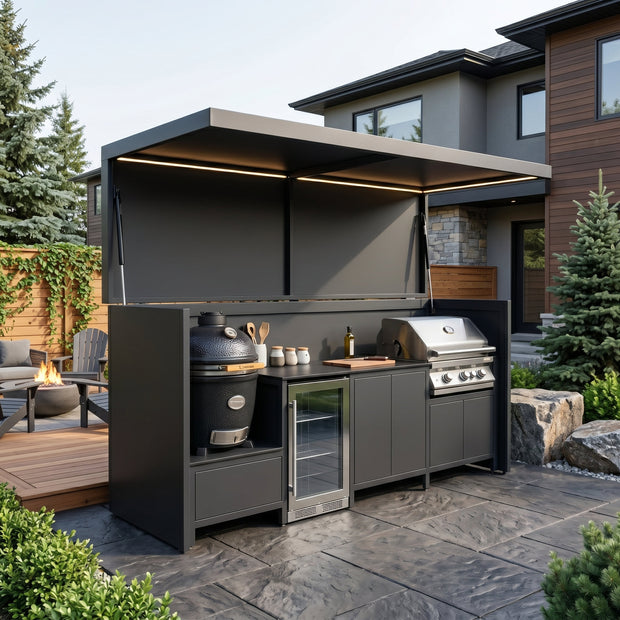Custom Stainless Steel Outdoor Kitchen Pod Set with Shed – Open Design With Canopy, BBQ With Built-in Fridge for Villa Courtyard