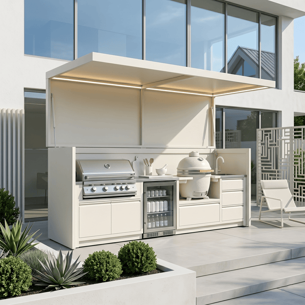 Made-to-Order Stainless Steel Outdoor Kitchen Shed with BBQ Pod – Open Design With Canopy, Fridge & Sink for Patio