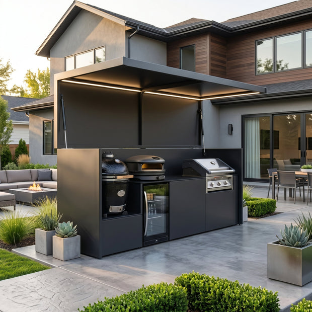 Bespoke Stainless Steel Outdoor BBQ Kitchen Shed – Canopy Roof Design, Refrigerator & Sink for Backyard