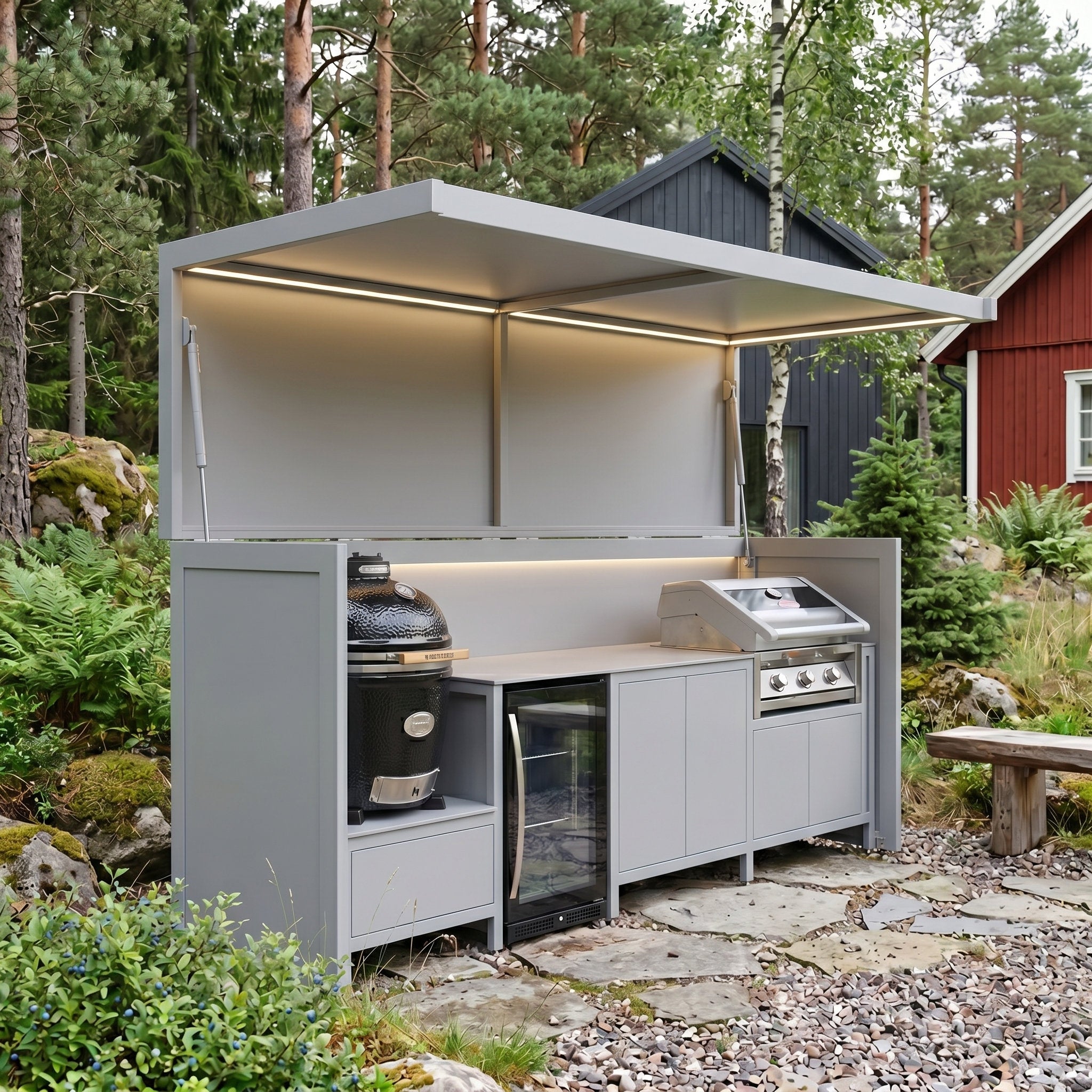 Custom Luxury Stainless Steel Outdoor Kitchen Pod Set with Shed – Covered Canopy, BBQ Grill & Sink for Backyard