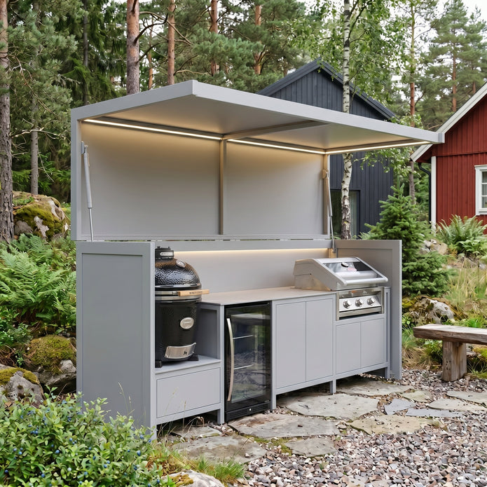 Custom Luxury Stainless Steel Outdoor Kitchen Pod Set with Shed – Covered Canopy, BBQ Grill & Sink for Backyard