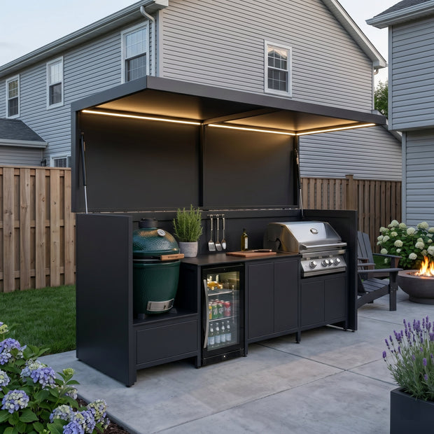 Made-to-Order Stainless Steel Outdoor Kitchen Shed with BBQ Pod – Covered Canopy, Gas BBQ Station for Poolside