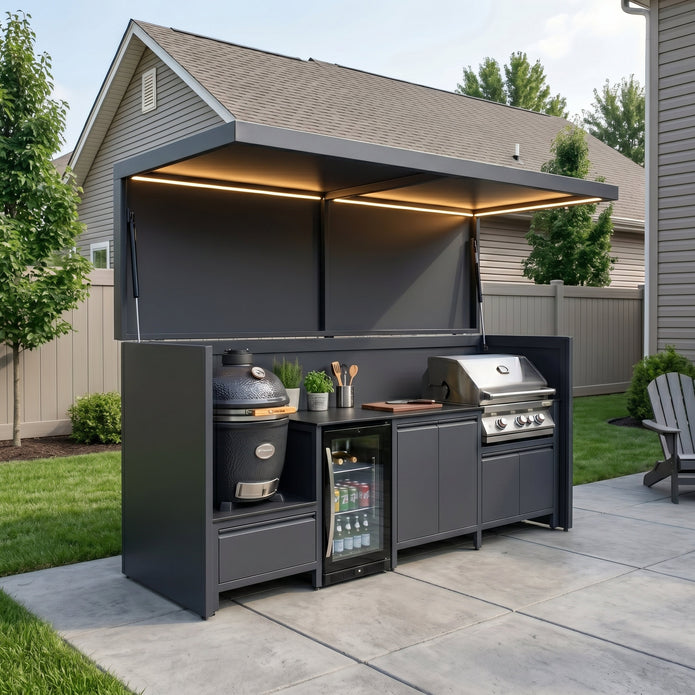 Tailor-Made Stainless Steel Outdoor BBQ Pod with Kitchen Shed – Canopy Roof Design, Gas BBQ & Kamado Grill for Villa Courtyard