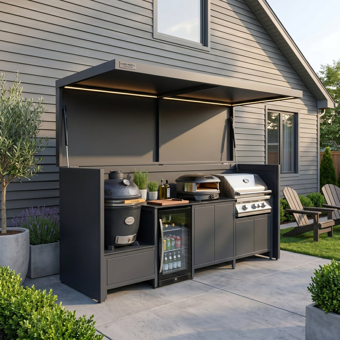 Bespoke Stainless Steel Outdoor Kitchen Pod with Shed and BBQ – Open Design With Canopy, Fridge & Sink Station for Villa Courtyard