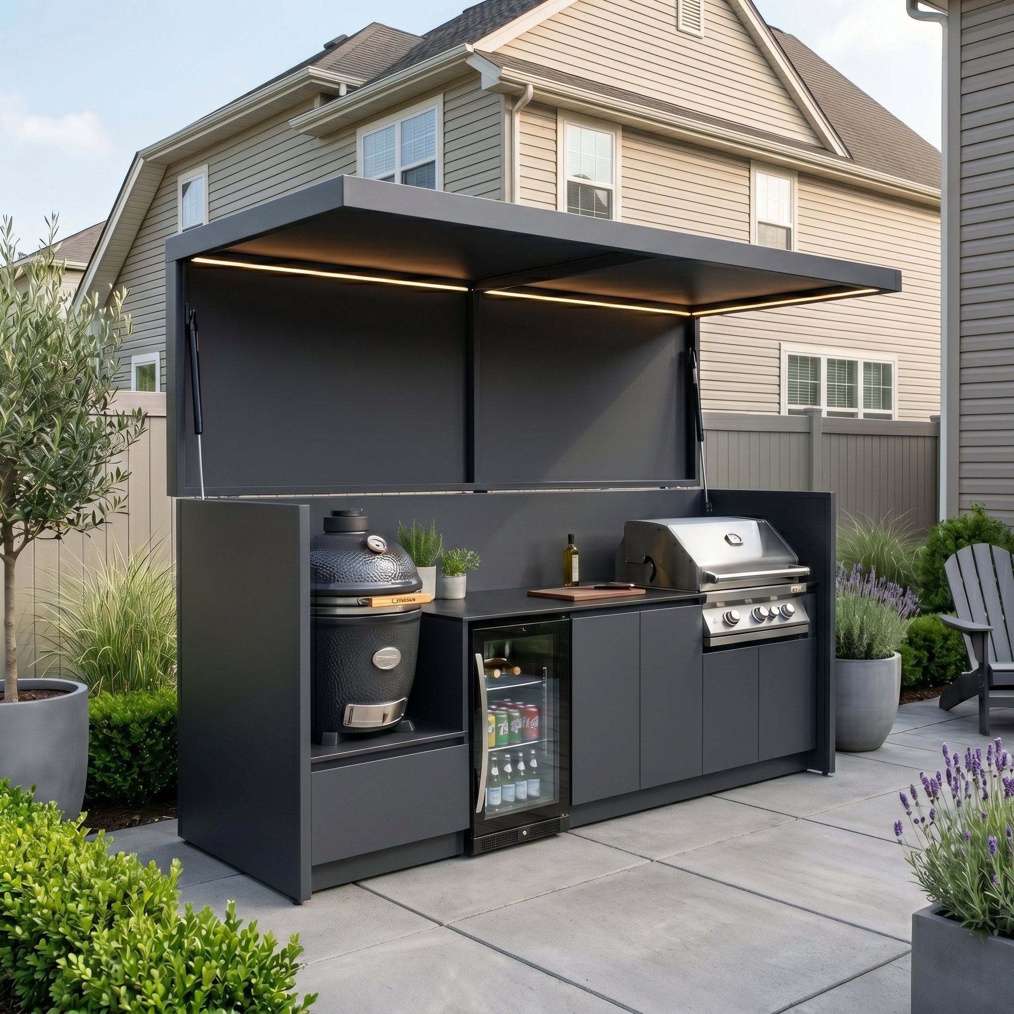 Bespoke Stainless Steel Outdoor Kitchen Pod with Shed and BBQ – Canopy Roof Design, Fridge & Sink Station for Patio