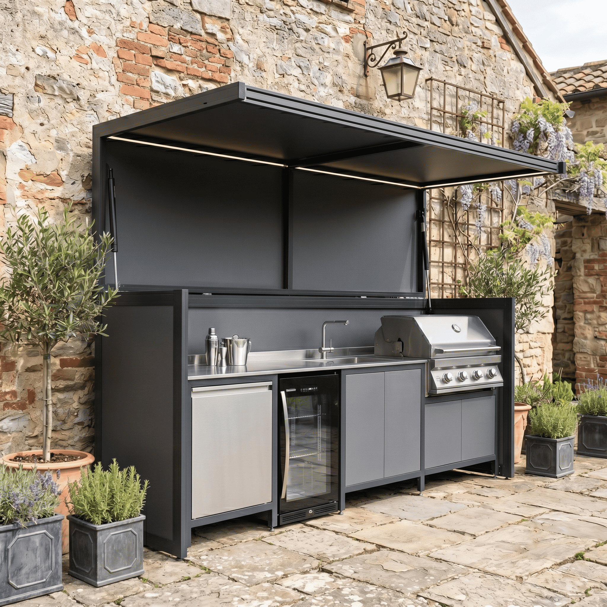Made-to-Order Stainless Steel Outdoor Kitchen Pod – Canopy Roof Design, BBQ & Fridge for Villa Courtyard
