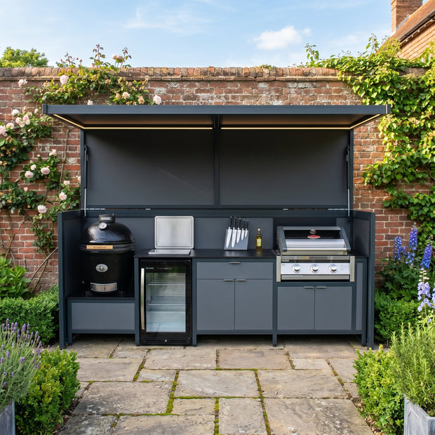 Made-to-Order Stainless Steel Outdoor Kitchen Pod – Open Design With Canopy, BBQ Station & Sink for Backyard
