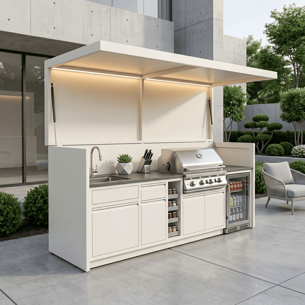 Made-to-Order Stainless Steel Outdoor Kitchen & BBQ Pod with Shed – Covered Canopy, Fridge & Sink for Backyard