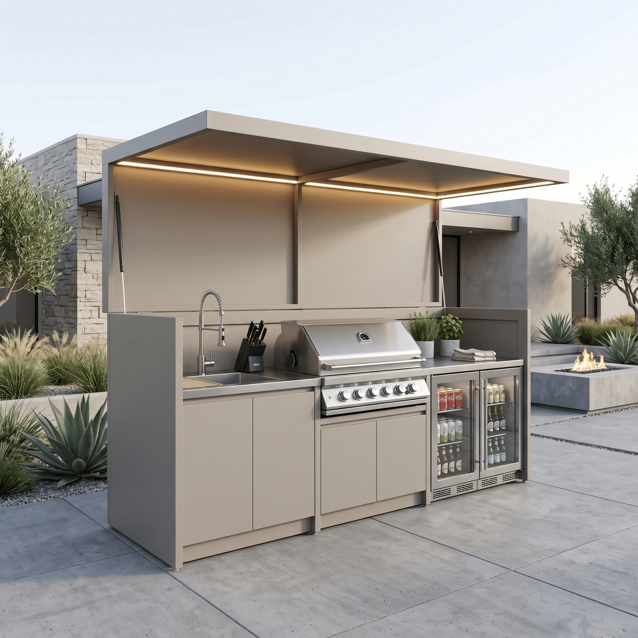 Custom Weatherproof Stainless Steel Outdoor BBQ Pod – Canopy Roof, Built-in Gas BBQ for Patio