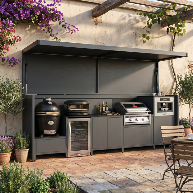 Custom Stainless Steel Outdoor Kitchen Pod Set with Shed – Canopy Roof Design, BBQ With Built-in Fridge for Garden