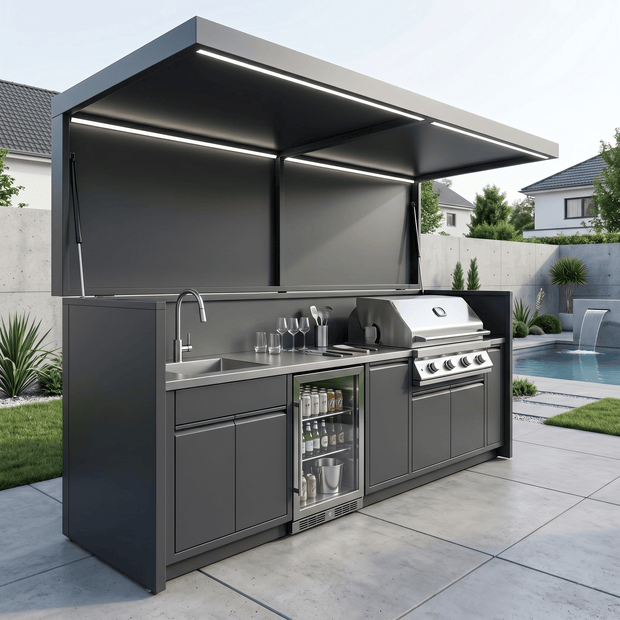 Custom Stainless Steel Outdoor BBQ Pod – Canopy Roof, Fridge & Sink for Poolside