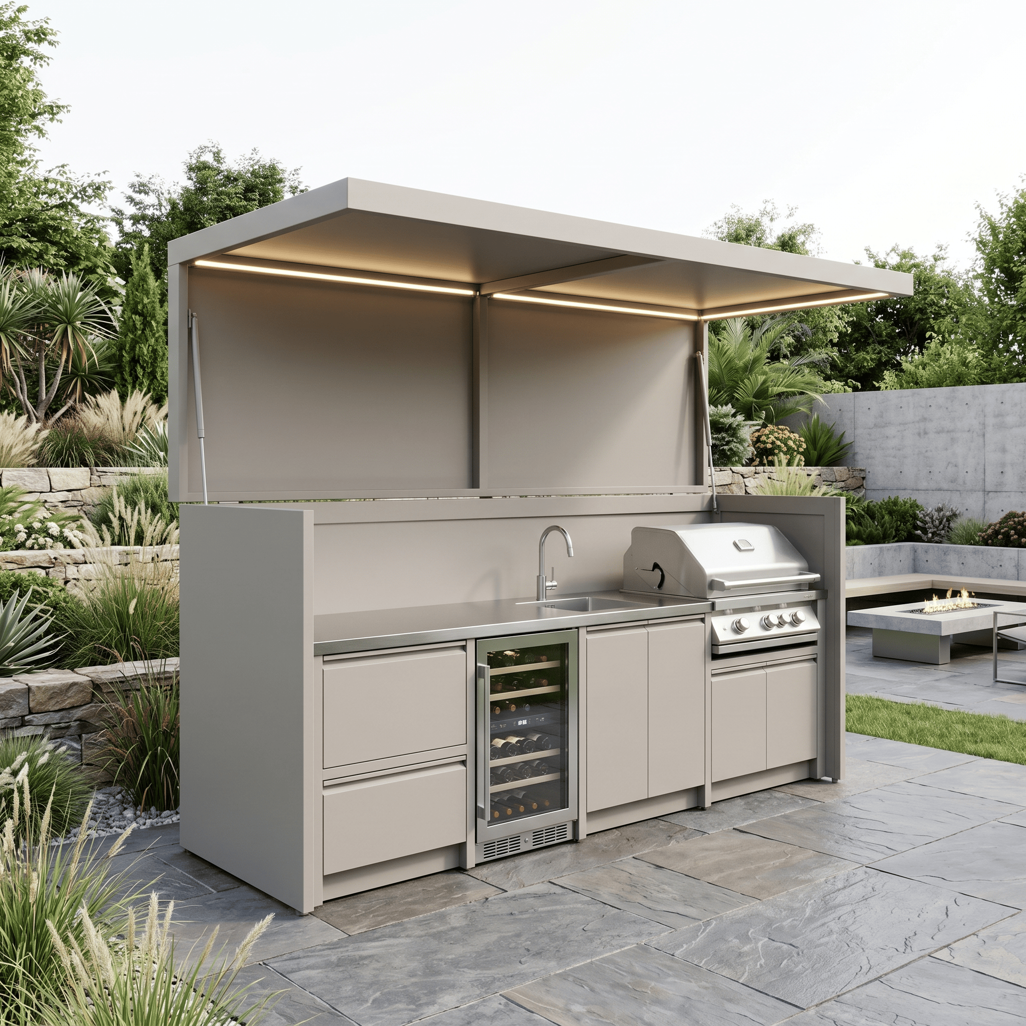 Bespoke Stainless Steel Outdoor Kitchen Shed – Open Design With Canopy, Sink Station for Villa Courtyard