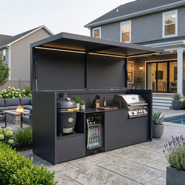 Bespoke Stainless Steel Outdoor Kitchen Pod with Shed and BBQ – Open Design With Canopy, Kamado With Sink for Backyard