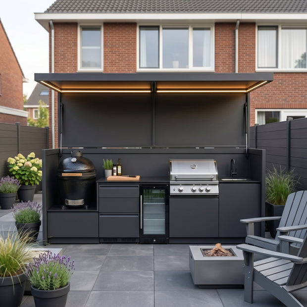 Made-to-Order Stainless Steel Outdoor Kitchen Shed with BBQ Pod – Canopy Roof, Kamado With Sink for Backyard