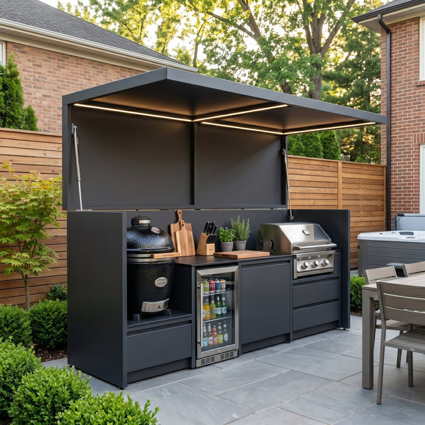 Custom Stainless Steel Outdoor Kitchen Pod Set with Shed – Covered Canopy, BBQ & Kamado Grill Station for Patio