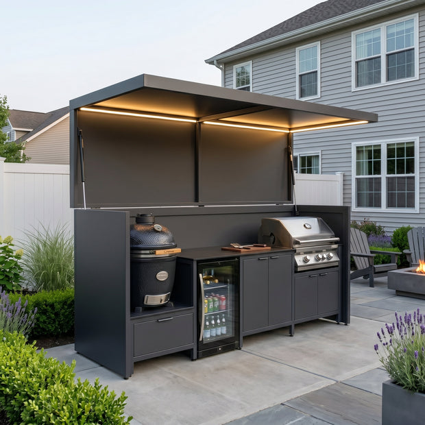 Made-to-Order Stainless Steel Outdoor Kitchen Pod – Canopy Roof Design, Kamado & Sink for Villa Courtyard