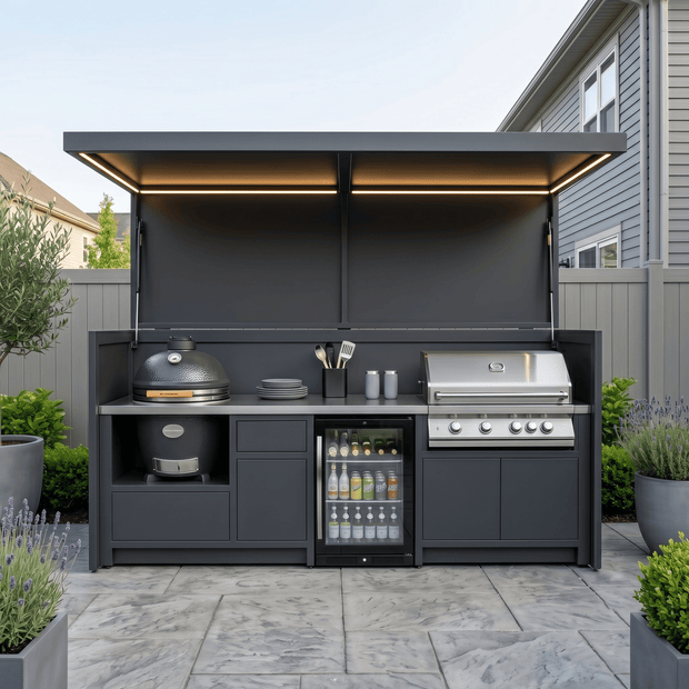 Made-to-Order Stainless Steel Outdoor Kitchen & BBQ Pod with Shed – Folding Door Enclosure, BBQ Grill & Sink for Poolside