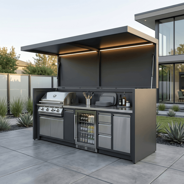 Tailor-Made Stainless Steel Outdoor BBQ Kitchen Pod with Shed – Canopy Roof, Built-in Gas BBQ for Patio