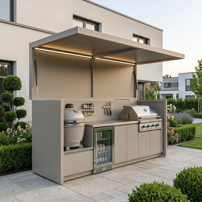 Custom Weatherproof Stainless Steel Outdoor BBQ Pod – Canopy Roof, Kamado Grill Station for Garden