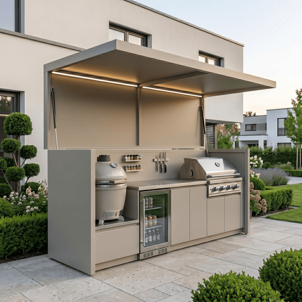 Custom Weatherproof Stainless Steel Outdoor BBQ Pod – Canopy Roof, Kamado Grill Station for Garden