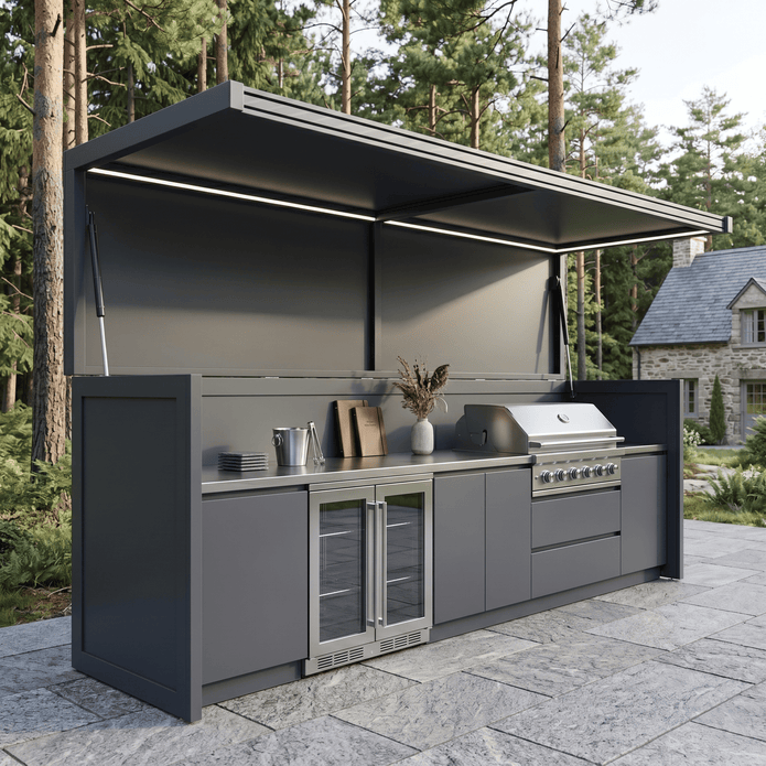 Custom Stainless Steel Outdoor Kitchen Pod Set with Shed – Canopy Roof Design, Gas BBQ & Fridge for Villa Courtyard