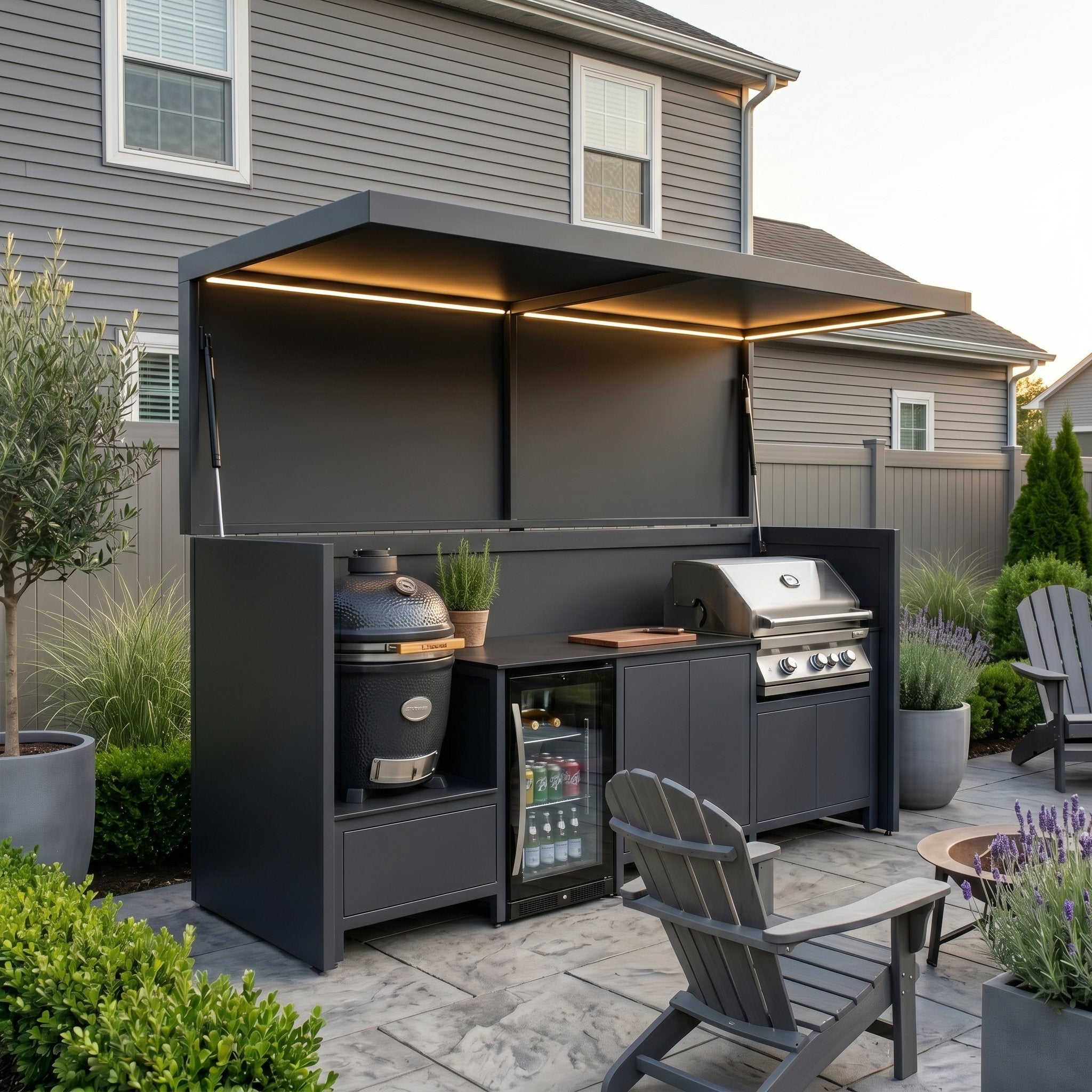 Custom Stainless Steel Outdoor Kitchen Pod Set with Shed – Open Design With Canopy, Kamado Grill Station for Garden