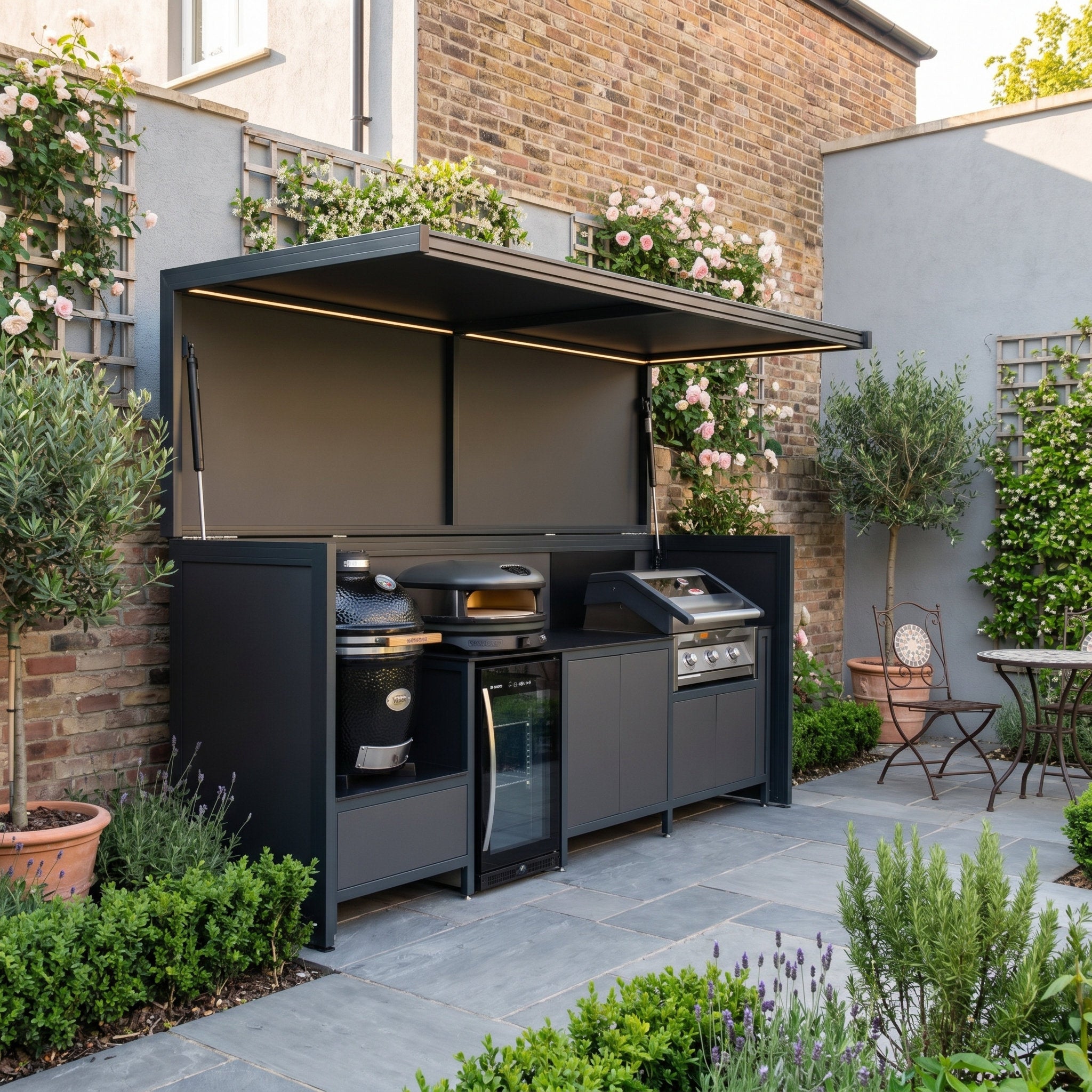 Tailor-Made Stainless Steel Outdoor BBQ Kitchen Pod with Shed – Covered Canopy, Kamado Grill Station for Garden