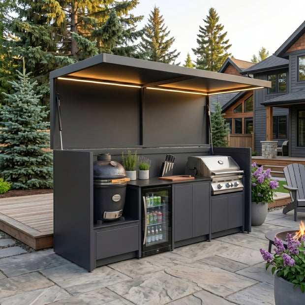 Bespoke Stainless Steel Outdoor Kitchen Pod with Shed and BBQ – Canopy Roof, Gas BBQ With Sink for Villa Courtyard