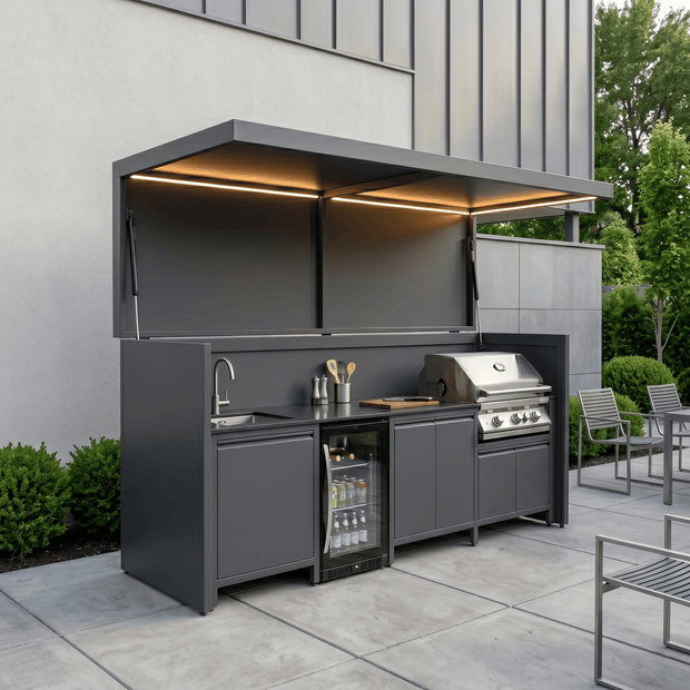 Bespoke Stainless Steel Outdoor Kitchen Pod with Shed and BBQ – Covered Canopy, BBQ Station & Sink for Backyard