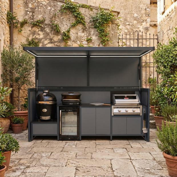 Tailor-Made Rustproof Stainless Steel Outdoor Kitchen & BBQ Shed – Fold-Away Door, Kamado Grill Station for Patio