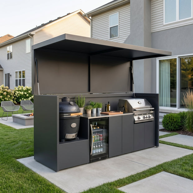 Custom Rustproof Stainless Steel Outdoor BBQ Pod – Canopy Roof Design, Kamado With Sink for Poolside